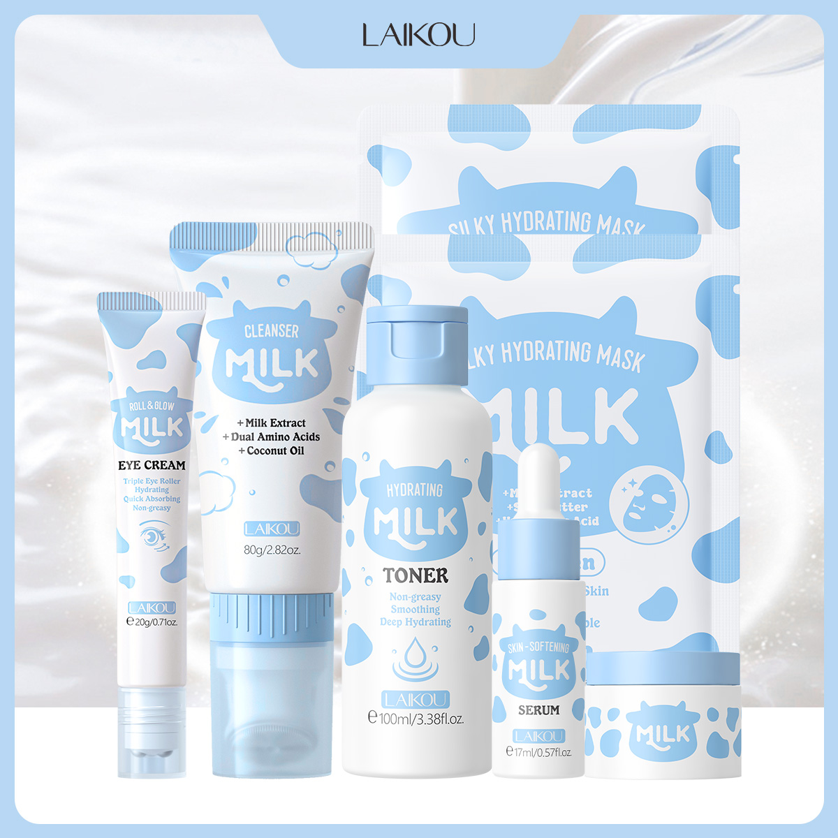 Skincare Glowing - LAIKOU 6点入りミルク保湿スキンケアセット クレンザー、化粧水、肌柔軟化美容液、ロール＆グローアイクリーム、シルキー保湿マスク、フェイシャルK